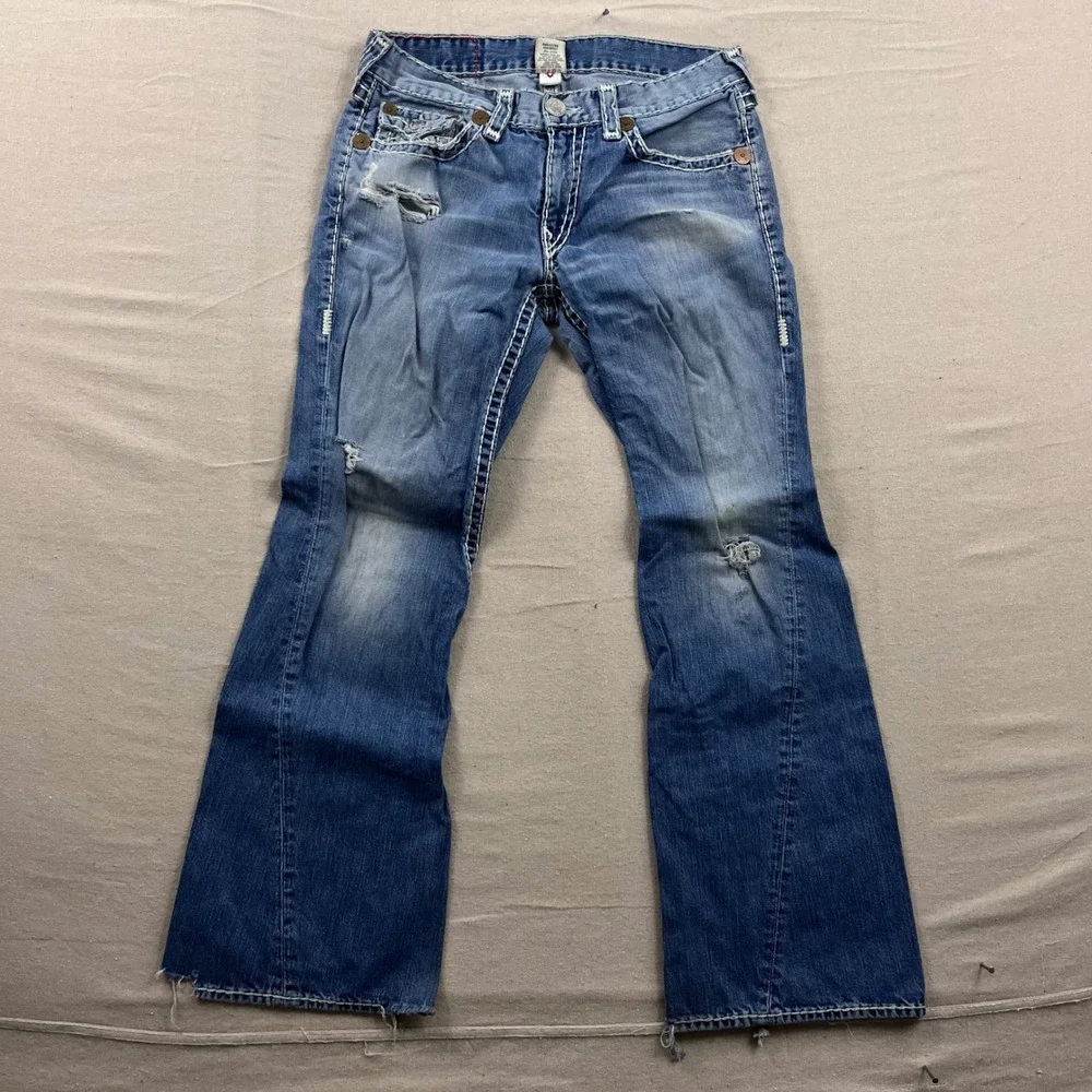 True Religion Joey‎ Super T Jeans Mens 36 Blue Distressed Flare Twisted Seam Low